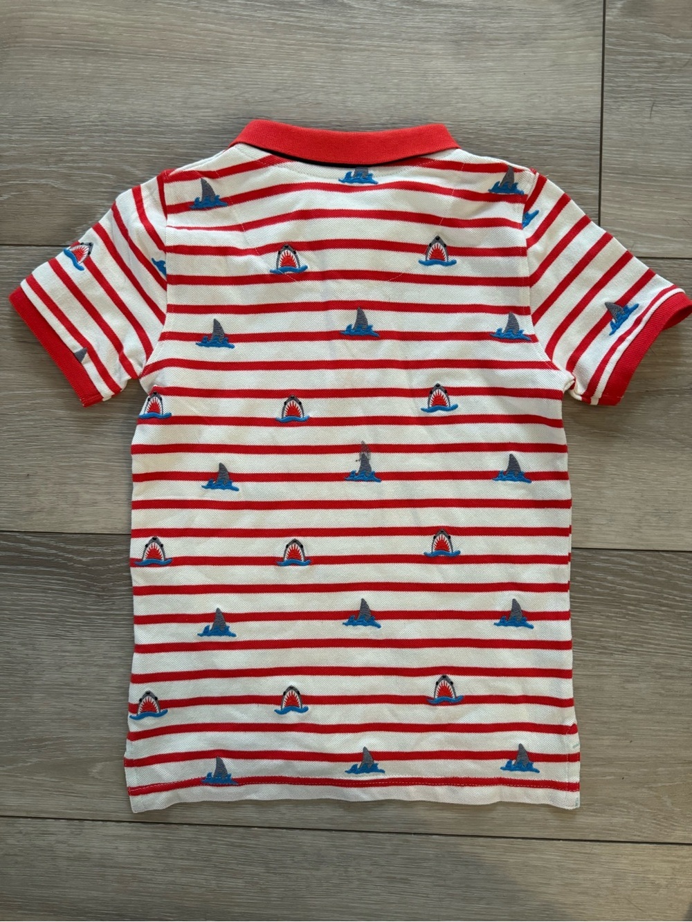 Boden Red & White Striped Polo with Blue Shark Motif - Picture 2 of 3